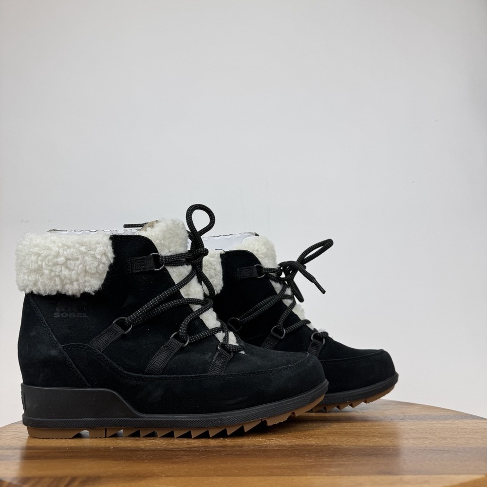New Womens Sorel Evie Cozy Lace Black Leather Hidden‎ Heeled Booties Size 10 M